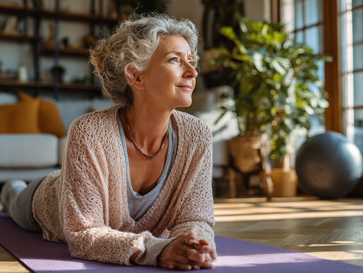 Активні пенсіонери виконують йогу на лавандовому полі під керівництвом досвідченого інструктора